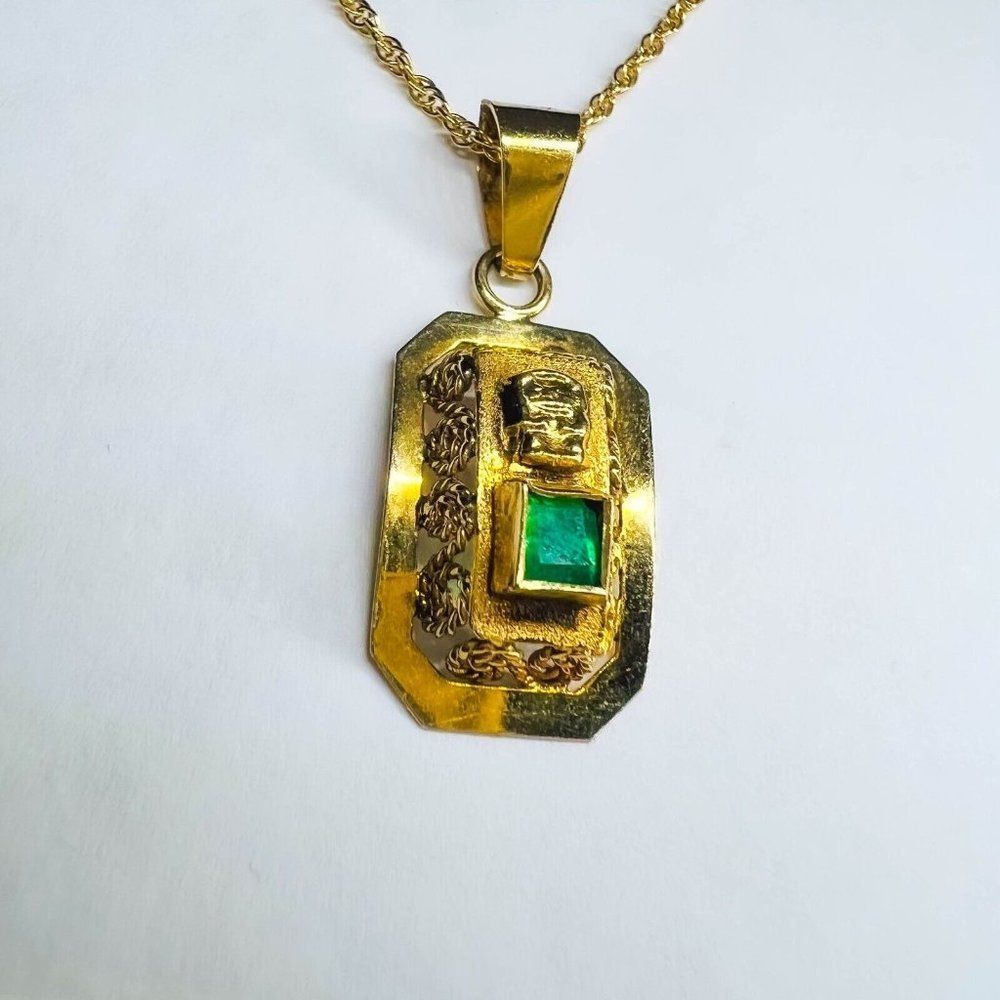 18k Yellow Gold Pre Columbian Tumi Natural Emerald Necklace 18" 3.3g 14k Chain - Picture 6 of 15